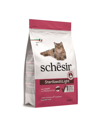 SCHESIR Original Sterilized and Light 1,5 kg kumpio skonio sausas maistas katėms po sterilizacijos, lengvai virškinamas