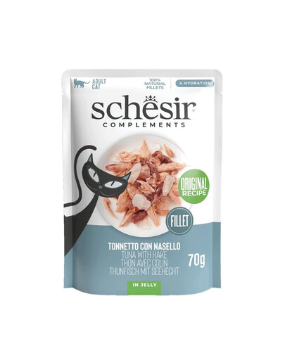 SCHESIR Complements Tunas su heku želatinoje, 70 g maišelis – papildomas šlapias maistas katėms