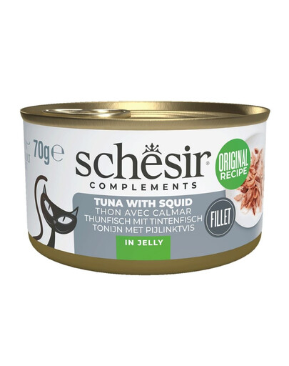 SCHESIR Complements Tunas su kalmarais želatinoje – 70 g papildomas šlapias maistas katėms