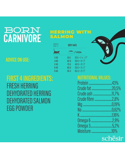 SCHESIR Born Carnivore Šliužė ir lašiša, 1,25 kg, sausas maistas suaugusiems katėms