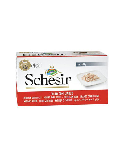 SCHESIR Vištiena su jautiena želatinoje, 4 x 85 g šlapias šunų maistas