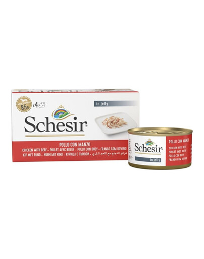SCHESIR Vištiena su jautiena želatinoje, 4 x 85 g šlapias šunų maistas