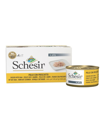 SCHESIR Vištiena su kumpiu želatinoje, 4 x 85 g šlapias šunų maistas