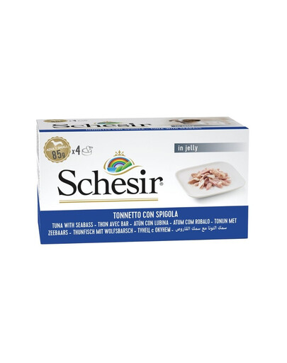 SCHESIR Tunas su jūriniu ešeriu želatinoje, 4 x 85 g, šlapias šunų maistas