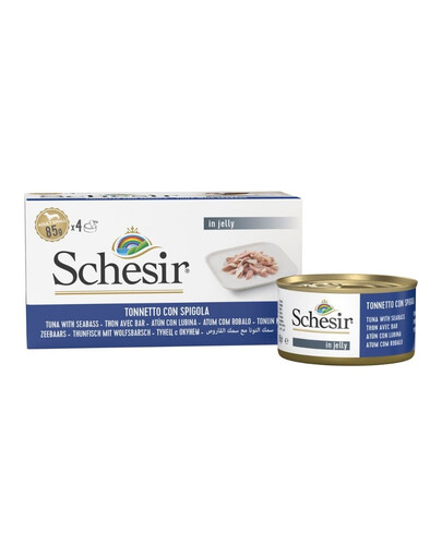 SCHESIR Tunas su jūriniu ešeriu želatinoje, 4 x 85 g, šlapias šunų maistas