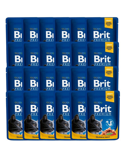 BRIT Premium Cat Adult Mix 48 vnt. po 100 g skonių: lašiša ir upėtakis, jautiena ir žirniai – maisto maišeliai katėms
