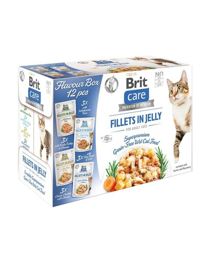BRIT Care Fillets in Jelly Cat 24x85g kalakutiena ir krevetės, upėtakis ir menkė, vištiena su sūriu ir tunas želatinoje katėms