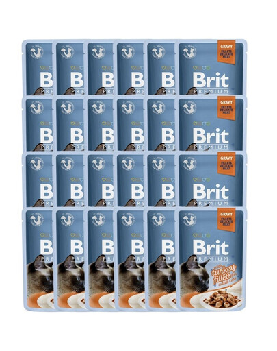 BRIT Premium Cat Fillets in Gravy Mix 48x85 g skonių su kalakutiena ir vištiena – drėgnas kačių maistas