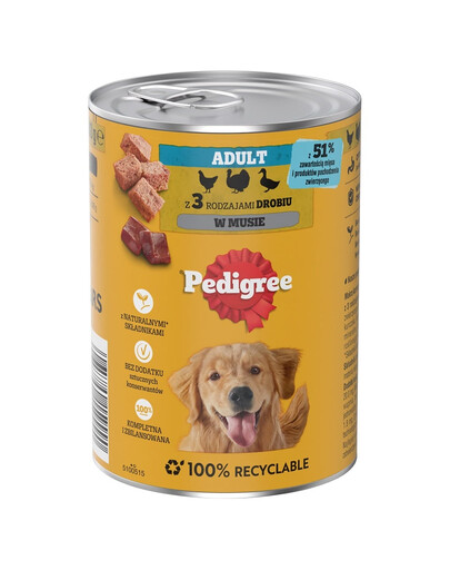 PEDIGREE Adult 6 x 400 g skardinės visavertės drėgnosios ėdalos suaugusiems šunims su 3 rūšių paukštiena padaže