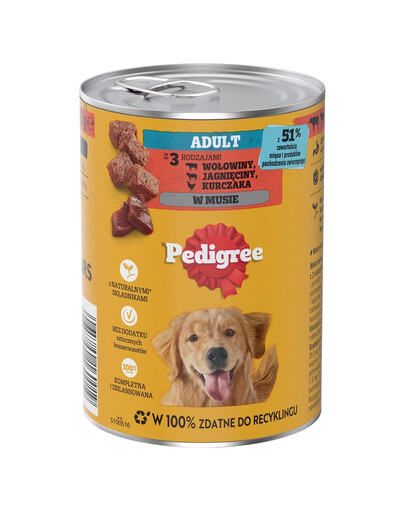 PEDIGREE Adult 6 vnt. po 400 g skardinių su visavertės sudėties šlapia maistu suaugusiems šunims su 3 rūšių mėsa: jautiena, ėriena ir vištiena, padaže