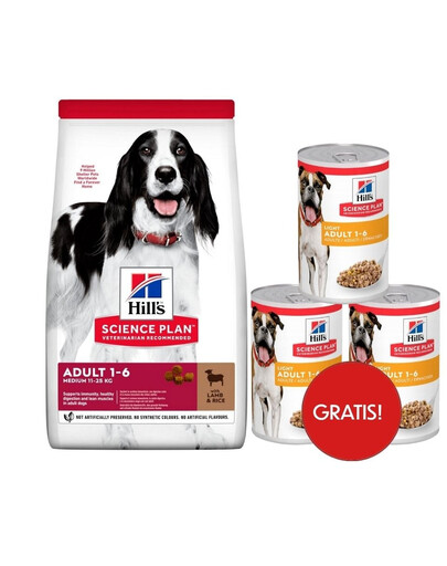 HILL'S Science Plan Canine Adult Medium Lamb & Rice 18 kg sausas pašaras vidutinių veislių suaugusiems šunims su ėriena ir ryžiais + 3 skardinės HILL'S šlapio pašaro dovanų.