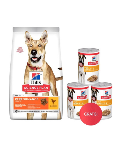 HILL'S Canine Adult 1+ Performance 14 kg sausas pašaras aktyviems suaugusiems šunims su vištiena + 3 skardinės HILL'S šlapio pašaro dovanų.
