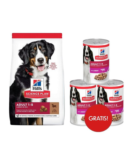 HILL'S Science Plan Canine Adult Large Breed Lamb&Rice 14 kg sausas pašaras didelių veislių suaugusiems šunims su ėriena ir ryžiais + 3 skardinės HILL'S šlapio pašaro dovanų.