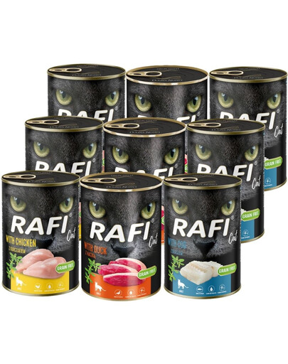 RAFI Cat Adult Mix 9x400 g skonių su menke, vištiena ir antiena, šlapias maistas katėms