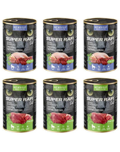 SUPER RAFI Cat Mix 2 skoniai 6x400g šlapias kačių maistas