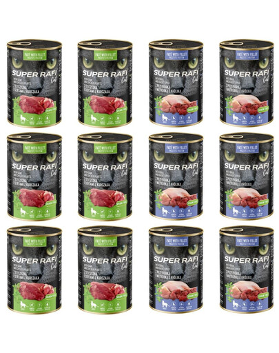SUPER RAFI Cat Mix 12 vnt. po 400 g skonių šlapio kačių ėdalo