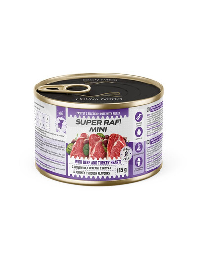 SUPER RAFI Mini su jautiena ir kalakutų širdimis 185g drėgnas maistas mažų veislių šunims
