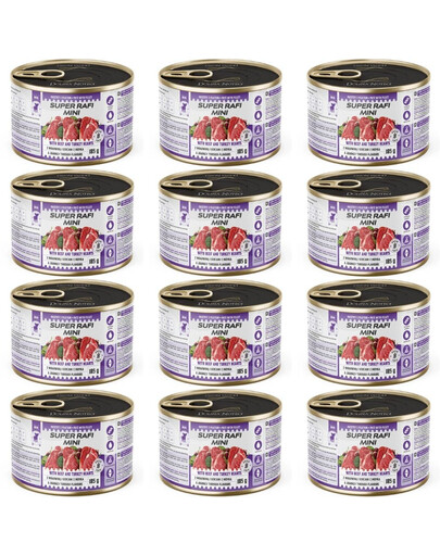 SUPER RAFI Mini su jautiena ir kalakutų širdimis 12x185g drėgnas maistas mažų veislių šunims