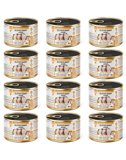 SUPER RAFI Mini su stručiu ir anties kepenimis 12x185g drėgnas maistas mažų veislių šunims