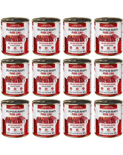 SUPER RAFI Pure Line Jautiena su batatais, 12 x 800 g, šlapias šunų maistas