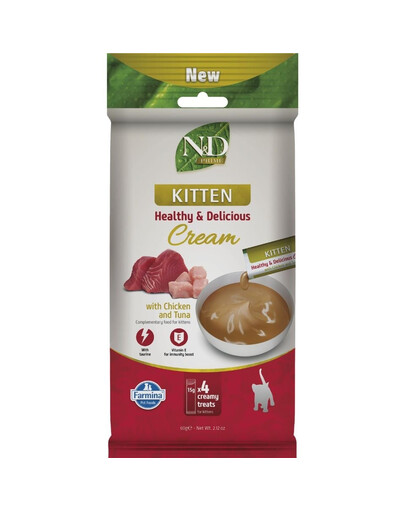 FARMINA N&D Prime Cat Creamy Chicken and Tuna Kitten 60 g su vištiena ir tunu, kreminė užkanda kačiukams