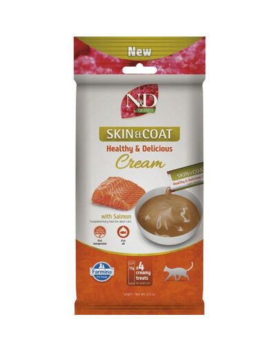 FARMINA N&D Quinoa Cat Skin Coat Cream Salmon 60 g su lašiša, kreminis skanėstas katėms, palaikantis odos ir kailio sveikatą