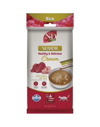FARMINA N&D Quinoa Cat Senior Cream Chicken and Tuna 60 g su vištiena ir tunu, kreminė užkanda vyresniems katėms