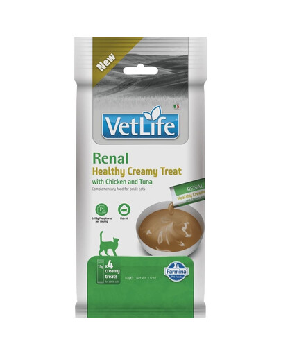 FARMINA Vet Life Cat Renal Creamy 60 g su vištiena ir tunu, kreminė užkandis katėms, palaikantis šlapimo sistemą ir inkstus