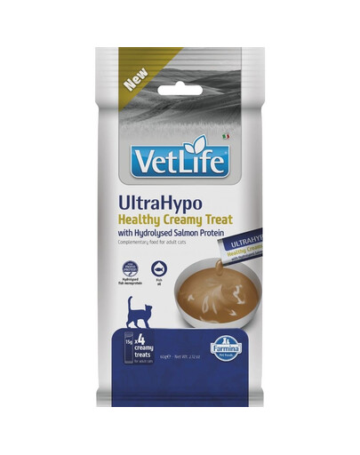 FARMINA Vet Life Cat UltraHypo Creamy 60 g su hidrolizuotu lašišo baltymu, kremiškas skanėstas katėms su jautriu virškinimu