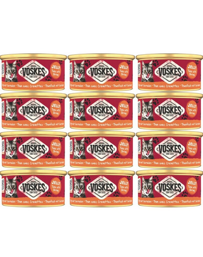 VOSKES Jelly Tuna with Shrimp 12x85 g100% Tunas su krevetėmis želatinoje, papildomas kačių maistas