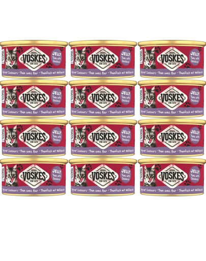 VOSKES Jelly Tuna with Seabass 12x85 g 100% Tunas su jūriniu ešeriu želatinoje, papildomas kačių maistas
