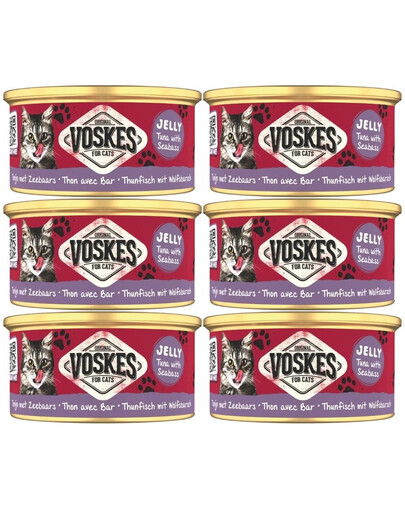 VOSKES Jelly Tuna with Seabass 6x85 g 100% Tunas su jūriniu ešeriu želatinoje, papildomas kačių maistas