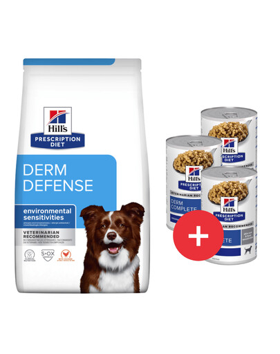 HILL'S Prescription Diet Canine Derm Defense 12 kg dla psów z alergią + 3 puszki GRATIS