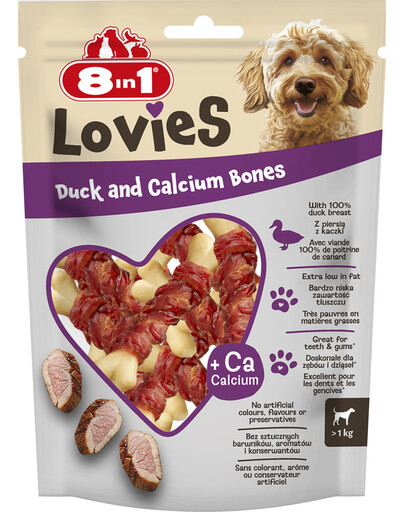 8IN1 Lovies Duck & Calcium Bones 80g przysmak dla psa kostki wapniowe i mięso z kaczki