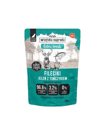 WIEJSKA ZAGRODA Monoprotein filė gabalėliai su elniena ir tunu „Miško skoniai“, 280 g – drėgnas maistas šunims