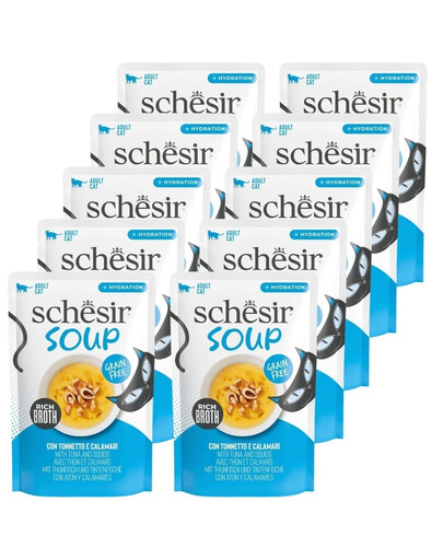 SCHESIR Soup Tunas su kalmarais, 10 x 40 g, papildomoji sriuba katėms