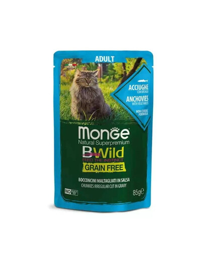 MONGE BWild GF Anchois su daržovėmis padaže 85 g drėgnas maistas katėms