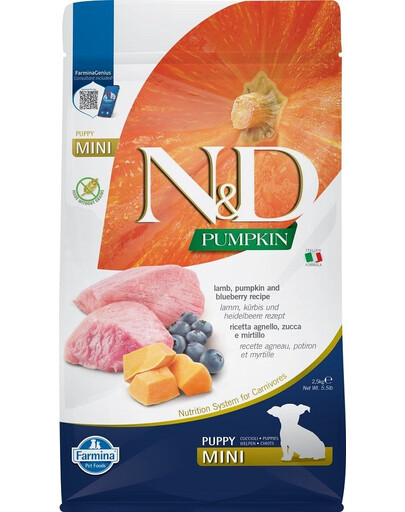 FARMINA N&D GF Pumpkin Lamb & Blueberry Puppy Mini 2,5 kg su ėriena ir mėlynėmis, ėdalas mažų veislių šuniukams + FARMINA N&D Pumpkin Dental Treat Chicken Pomegranate Mini 60 g (7 vnt.) DOVANŲ!
