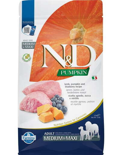 FARMINA N&D Pumpkin Adult Medium & Maxi su ėriena ir mėlynėmis 2,5 kg, ėdalas suaugusiems vidutinių ir didelių veislių šunims + FARMINA N&D Pumpkin Dental Treat Lamb Blueberry Medium/Maxi 100 g (7 vnt.) DOVANŲ!