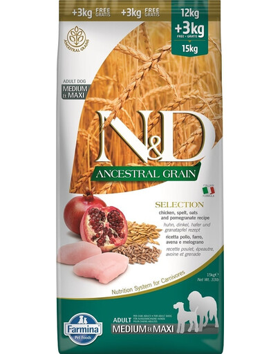 FARMINA N&D Ancestral Selection Dog Adult Medium & Maxi su vištiena ir granatais 15 kg suaugusiems vidutinių ir didelių veislių šunims + 3 x FARMINA N&D Tropical Selection Dental Treat Pork Medium/Maxi 100 g DOVANŲ!