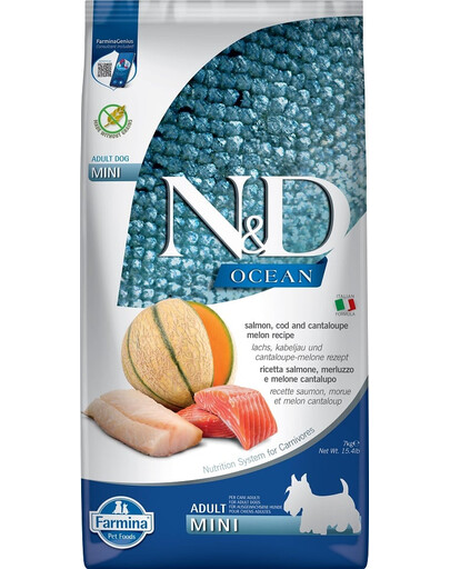 FARMINA N&D Ocean Dog Adult Mini su lašiša, menke ir kantalupos melionu 7 kg, ėdalas suaugusiems mažų veislių šunims + FARMINA N&D Tropical Selection Dental Treat Chicken Mini 60 g (7 vnt.) DOVANŲ!