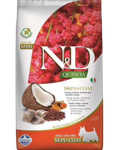 FARMINA N&D Quinoa Dog Skin&Coat Adult Mini su silke ir kokosais 2,5 kg, ėdalas suaugusiems mažų veislių šunims + FARMINA N&D Quinoa Dental Treat Skin Coat Herring Mini 60 g (7 vnt.) DOVANŲ!