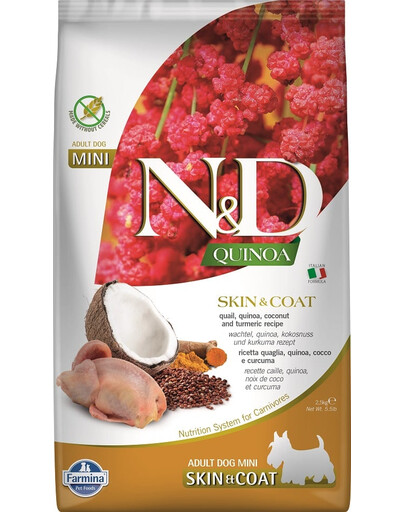 FARMINA N&D Quinoa Dog Skin&Coat Adult Mini su putpeliena ir kokosais 2,5 kg, ėdalas mažų veislių šunims + FARMINA N&D Quinoa Dental Treat Skin Coat Quail Mini 60 g DOVANŲ!