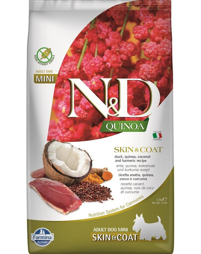 FARMINA N&D Quinoa Mini Skin and Coat 2,5 kg su antiena ir kokosu + FARMINA N&D Quinoa Dental Treat Skin Coat Duck Mini 60 g NEMOKAMAI!