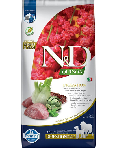 FARMINA N&D Quinoa Dog Adult Medium&Maxi Digestion su ėriena ir pankoliais 7 kg suaugusiems vidutinių ir didelių veislių šunims + FARMINA N&D Quinoa Dental Treat Digestion Medium/Maxi DOVANŲ!