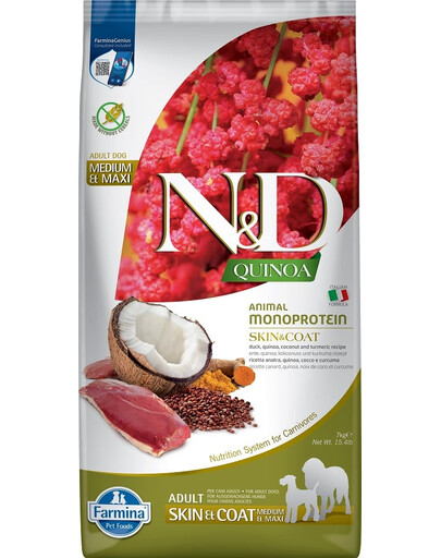 FARMINA N&D Quinoa Dog Skin&Coat Duck&Coconut Adult Medium&Maxi 7 kg su antiena ir kokosais suaugusiems vidutinių ir didelių veislių šunims + FARMINA N&D Quinoa Dental Treat Skin Coat Herring Medium/Maxi 100 g (7 vnt.) DOVANŲ!