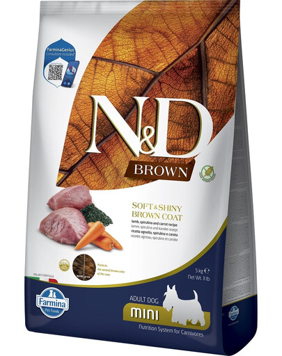 FARMINA N&D Brown Dog Adult Mini Lamb, Spirulina, Carrot 5 kg + FARMINA N&D Brown Dental Treat Coat Lamb Mini 60 g (7 vnt) DOVANŲ!