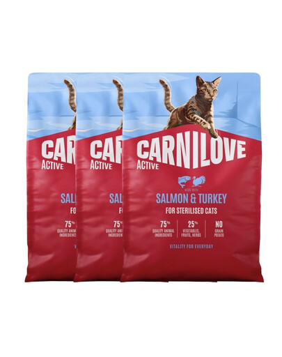 CARNILOVE Active Cat Salmon & Turkey Sterilised 3 x 2 kg – sausas pašaras su lašiša ir kalakutiena sterilizuotoms katėms