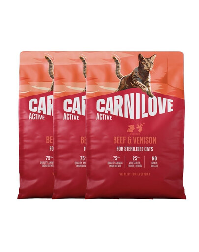 CARNILOVE Active Cat Beef and Venison Sterilised 3x2 kg jautiena ir elniena, sterilizuotiems katėms