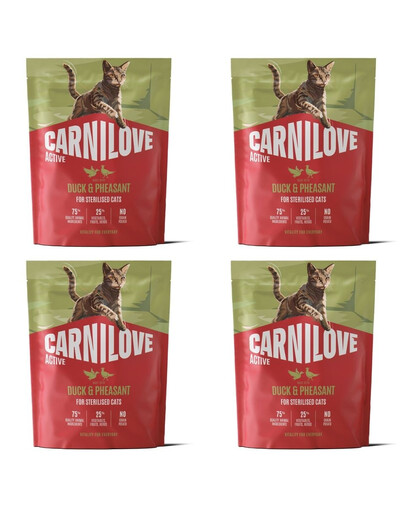 CARNILOVE Active Cat Duck and Pheasant Sterilised 4x400 g antis, ir fazanas, sausa maistas sterilizuotiems katėms